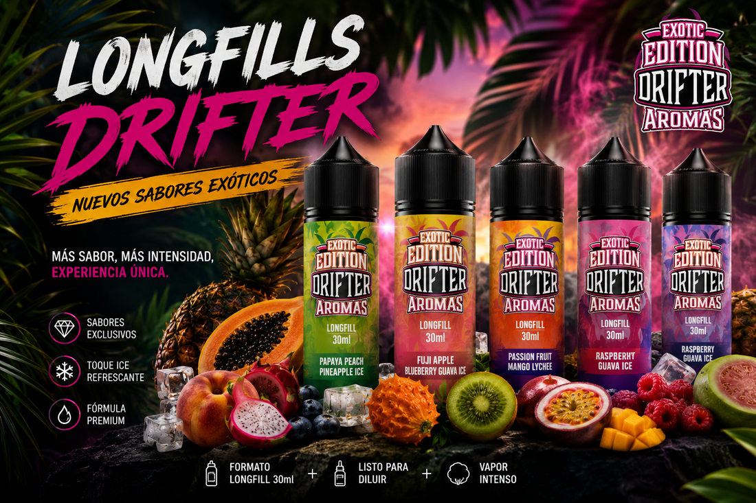 Longfills Drifter 2026: nuevos sabores exóticos de aromas longfill para vapeo, colección Exotic Edition con mezclas frutales premium, toque ice y máxima intensidad de sabor.