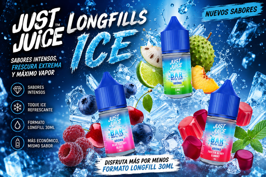 Longfills Just Juice ICE 30 ml: nuevos aromas para vapeo con efecto ice, sabores frutales premium como Blue Cherry Blast, Frozen Berry Gummy y Guanabana Lime. Guía de los mejores longfills Just Juice con máximo sabor y frescura.